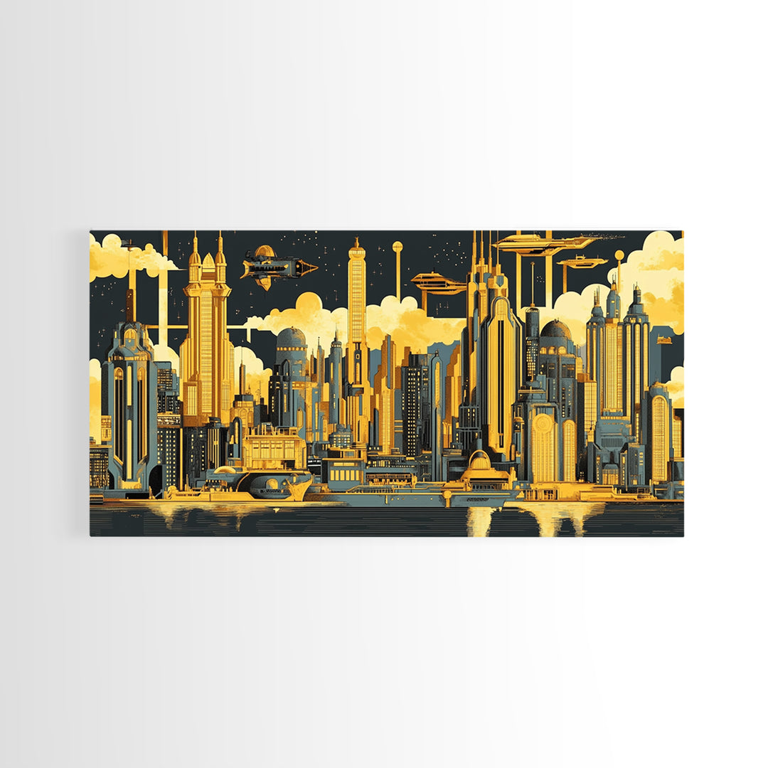 Golden Futuristic Skyline With Airships Canvas Print, Sci Fi Cityscape Wall Art, Modern Office Decor, Large Statement Artwork