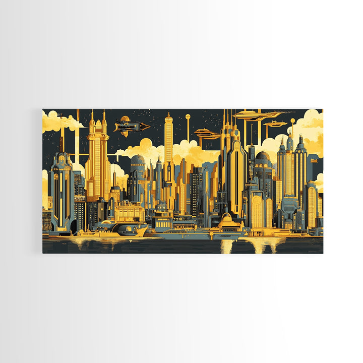 Golden Futuristic Skyline With Airships Canvas Print, Sci Fi Cityscape Wall Art, Modern Office Decor, Large Statement Artwork