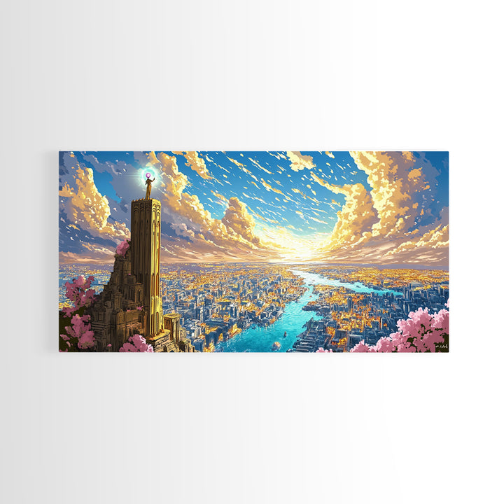 Sunset Tower Above Radiant River City Framed Canvas Print, Fantasy Wall Art, Colorful Landscape, Living Room Decor Gift Idea