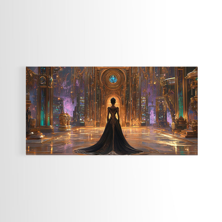 Gothic Woman In Ornate Crystal Hall Canvas Print, Dark Fantasy Wall Art, Moody Gothic Decor, Elegant Statement Artwork Gift