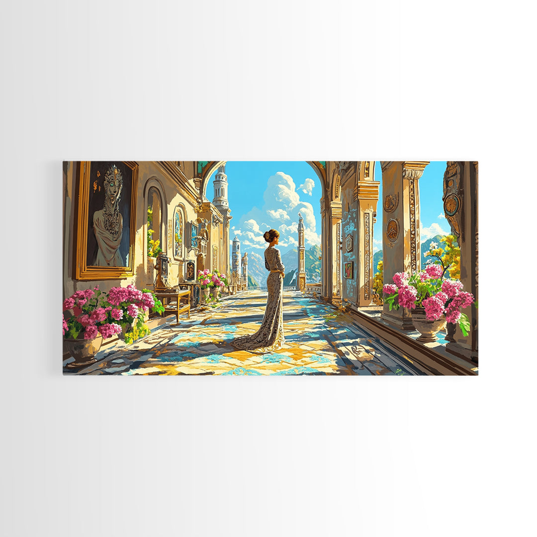 Elegant Woman In Sunlit Palace Corridor Canvas Print, Mediterranean Wall Art, Floral Decor, European Living Room Artwork Gift
