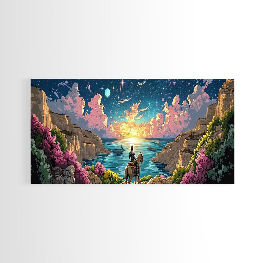 Moonlit Coastal Canyon Horse Ride Canvas Print, Fantasy Landscape Wall Art, Romantic Beach House Decor, Whimsical Gift For Her