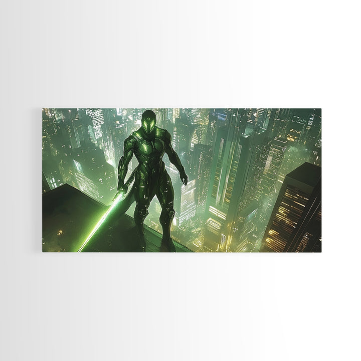 Green Cyber Warrior On Futuristic Rooftop Canvas Print, Modern Cyberpunk Wall Art, Sci Fi Gaming Room Decor, Gift For Him