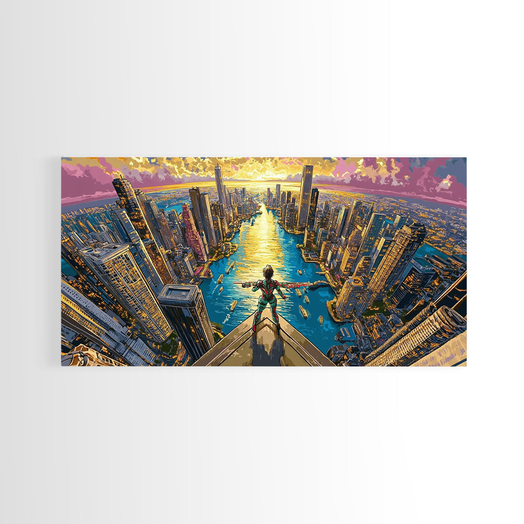 Daring Hero Above Golden Future City Framed Canvas Print, Cyberpunk Wall Art, Anime Sci Fi Decor, Large Statement Artwork