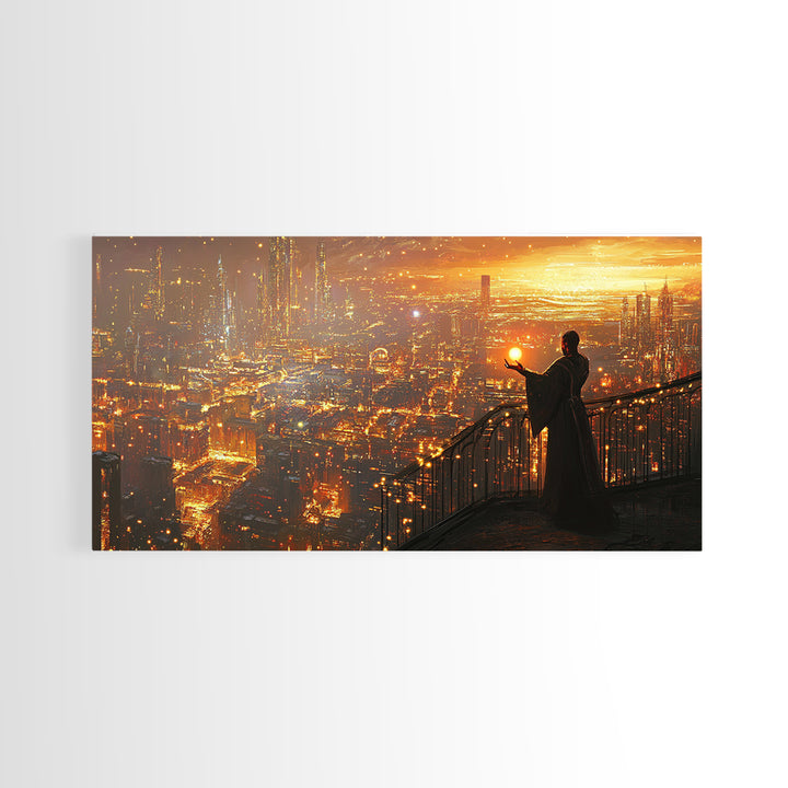 Robed Figure Holding Glowing Orb Over Dystopian City Canvas Print, Futuristic Wall Art, Golden Sci Fi Office Decor, Gift For Him