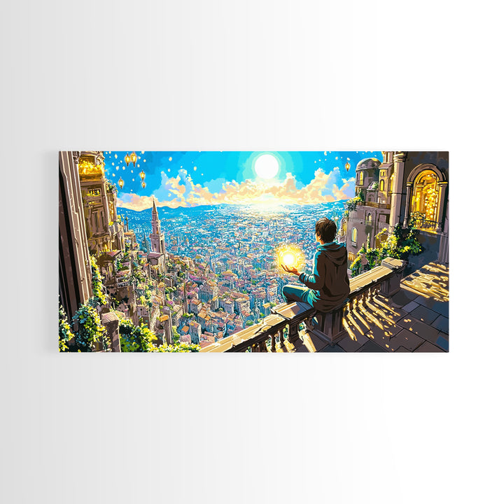 Boy With Glowing Orb Above Sunlit Fantasy City Canvas Print, Whimsical Wall Art, Magical Living Room Home Decor, Gift For Her