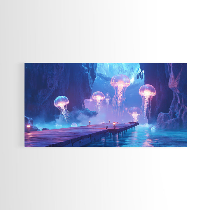 Glowing Jellyfish Cavern With Dock Canvas Print, Blue Bioluminescent Ocean Wall Art, Fantasy Coastal Home Decor, Unique Gift