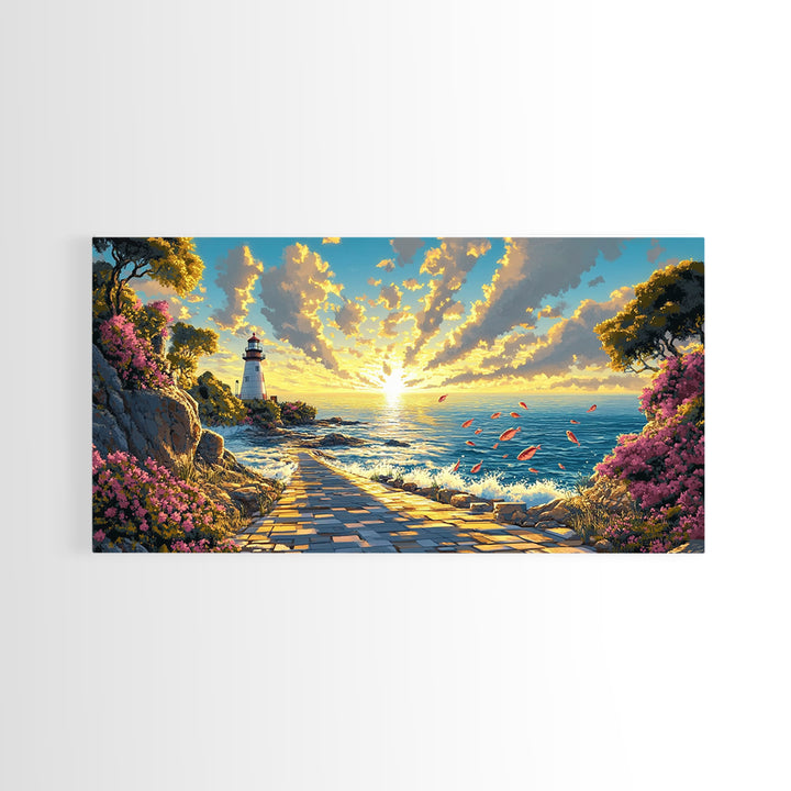Sunlit Lighthouse Path At Golden Ocean Sunset Wall Art, Coastal Canvas Wall Art, Beach House Decor, Seascape Print, Living Room Decor