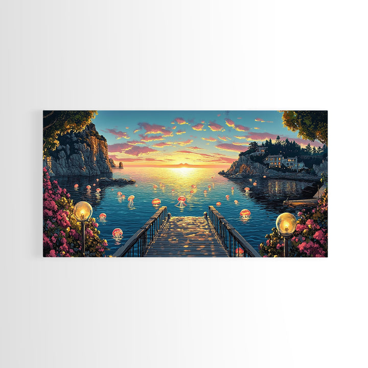 Glowing Jellyfish Cove At Sunset Canvas Print, Whimsical Coastal Wall Art, Ocean Decor, Beach House Living Room Decor, Fantasy Art