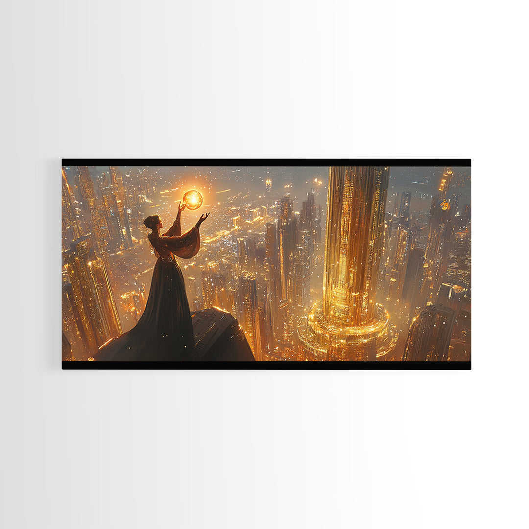 Elegant Woman Holding A Golden Orb Framed Canvas Print, Futuristic Wall Art, Sci Fi Decor, Luxury Office Statement Artwork