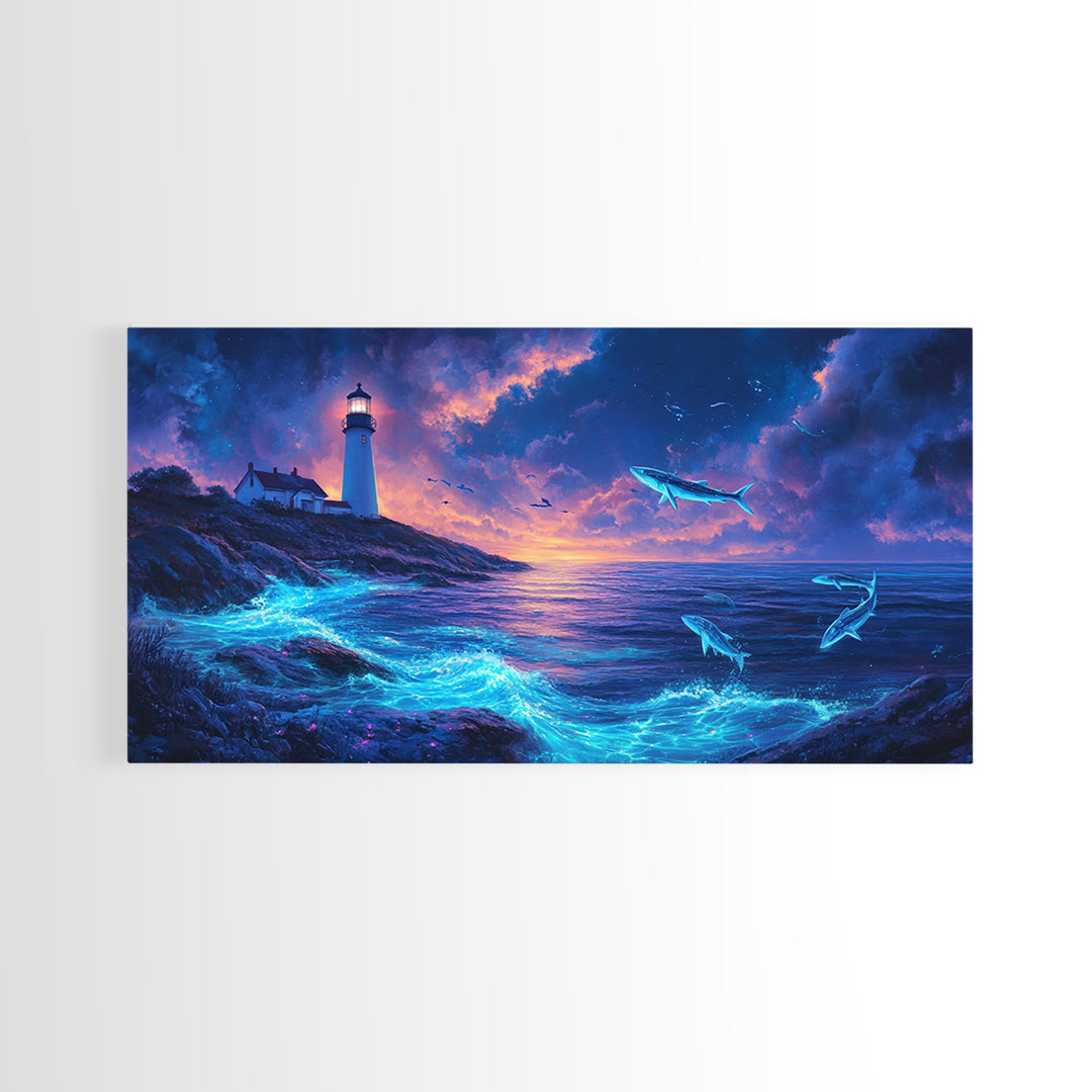 Bioluminescent Whale Ocean Lighthouse Wall Art, Fantasy Seascape Print, Coastal Wall Decor, Moody Blue Living Room Wall Art