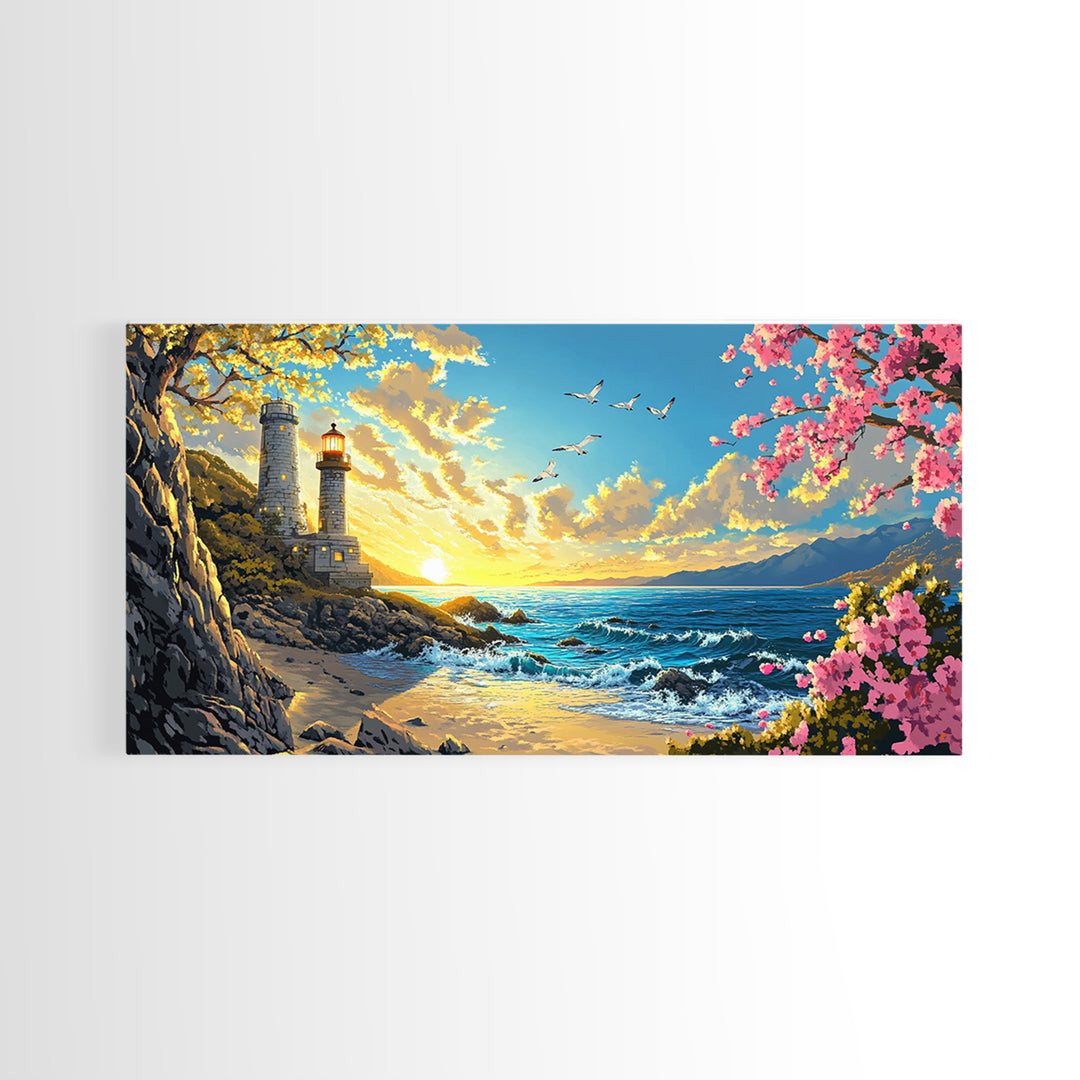 Twin Lighthouses With Cherry Blossoms At Sunrise Canvas Print, Coastal Wall Art, Beach House Decor, Nautical Living Room Art