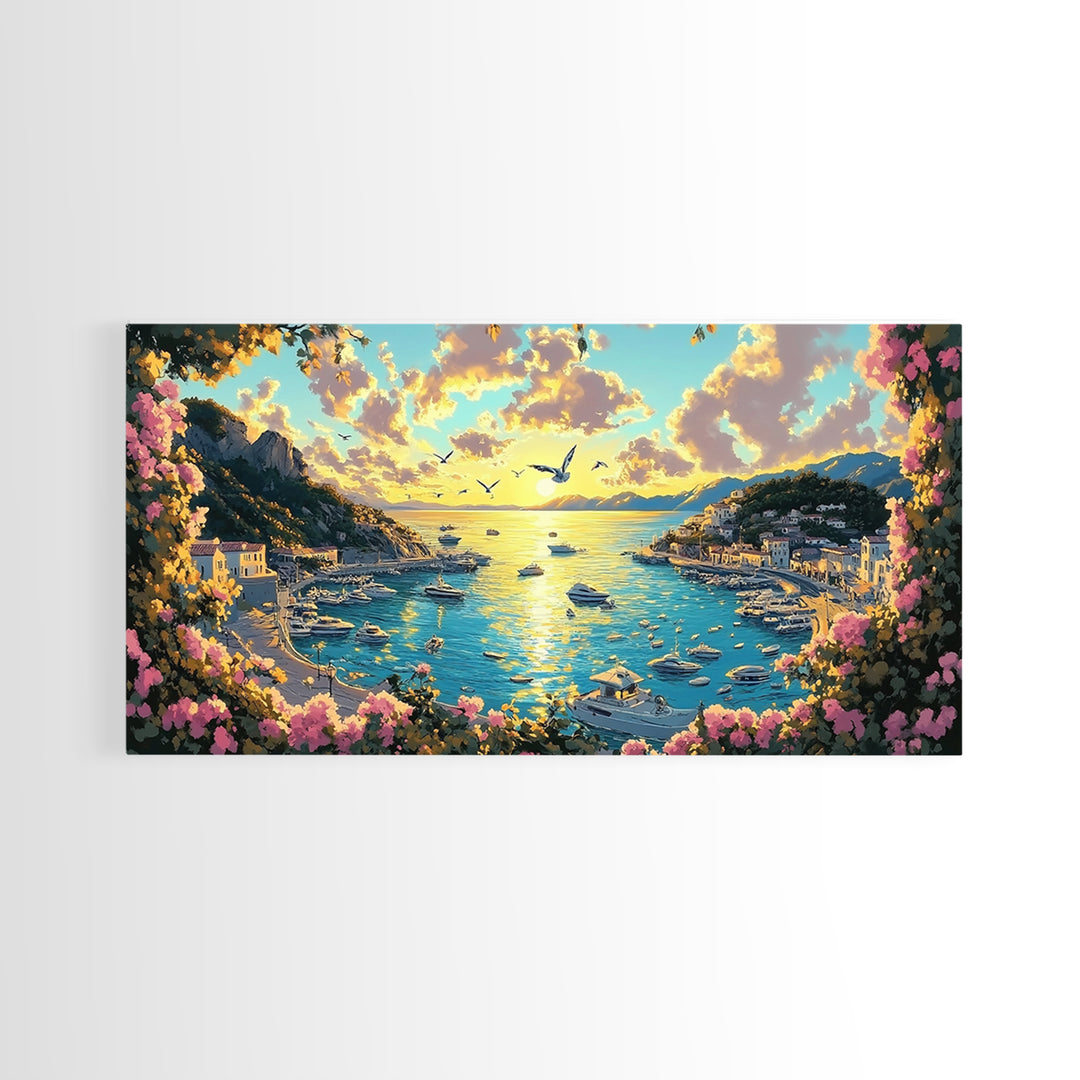 Mediterranean Harbor Sunset With Boats And Flowers Wall Art, Italy Coastal Print, Travel Poster, Living Room Decor Gift Idea
