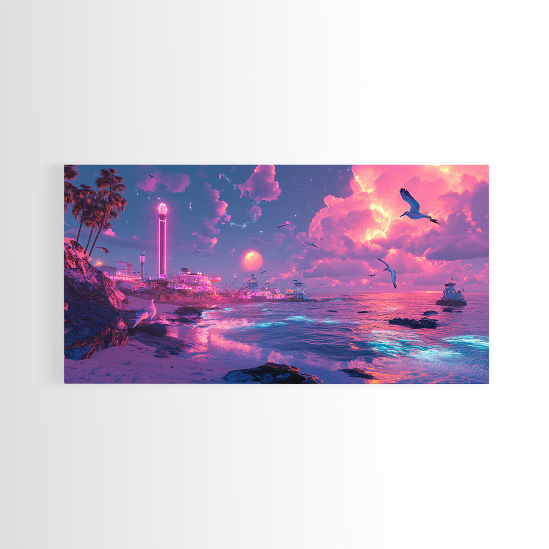 Neon Pink Coastal City At Moonlit Sunset Canvas Print, Vaporwave Wall Art, Futuristic Beach Decor, Gaming Room Poster Print