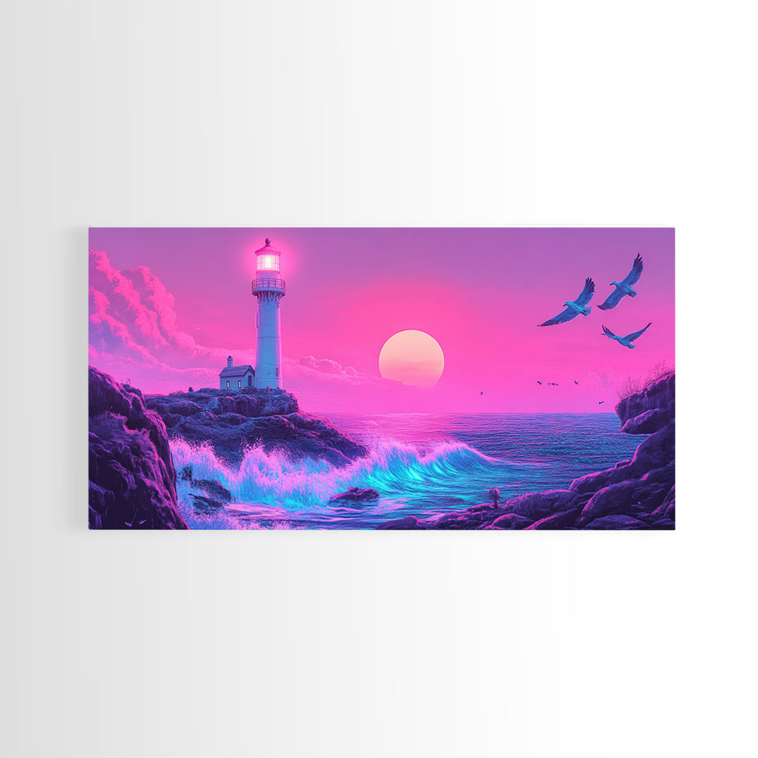 Pink Lighthouse Sunset With Turquoise Waves Framed Canvas Print, Coastal Wall Art, Vaporwave Beach Decor, Ocean Poster Print