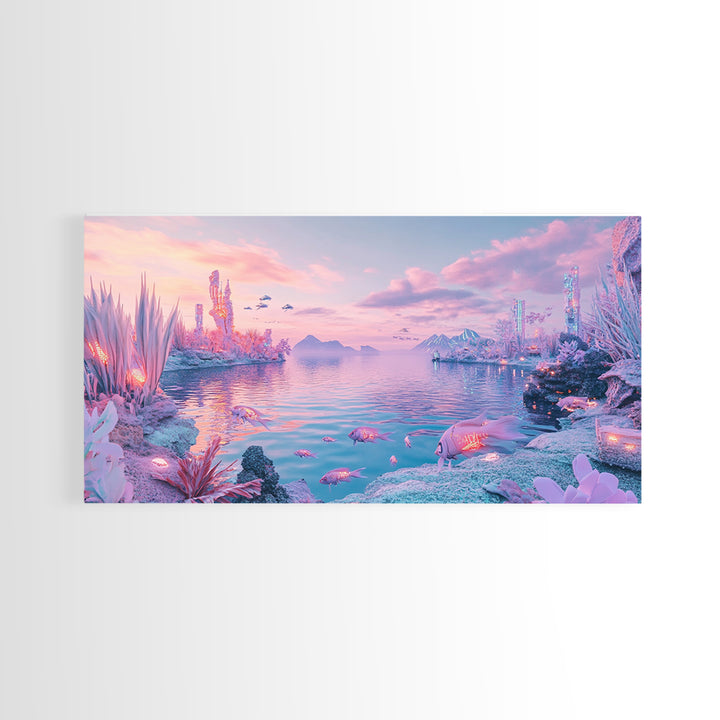 Pastel Alien Crystal Shore With Glowing Wildlife Wall Art, Fantasy Landscape Print, Sci Fi Decor, Dreamy Nursery Wall Art