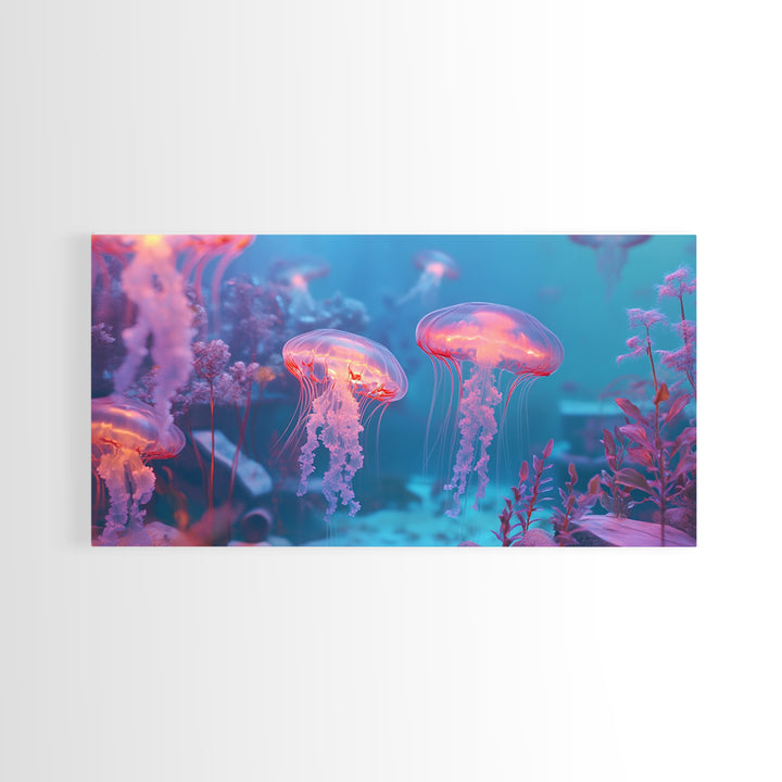 Glowing Jellyfish Garden Under Turquoise Sea Canvas Print, Underwater Wall Art, Ocean Decor, Marine Life Nursery Art Print