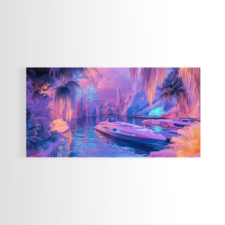 Neon Tropical Lagoon Canvas Print, Futuristic Palm Boat Wall Art, Dopamine Decor, Gaming Room Decor, Vibrant Coastal Art