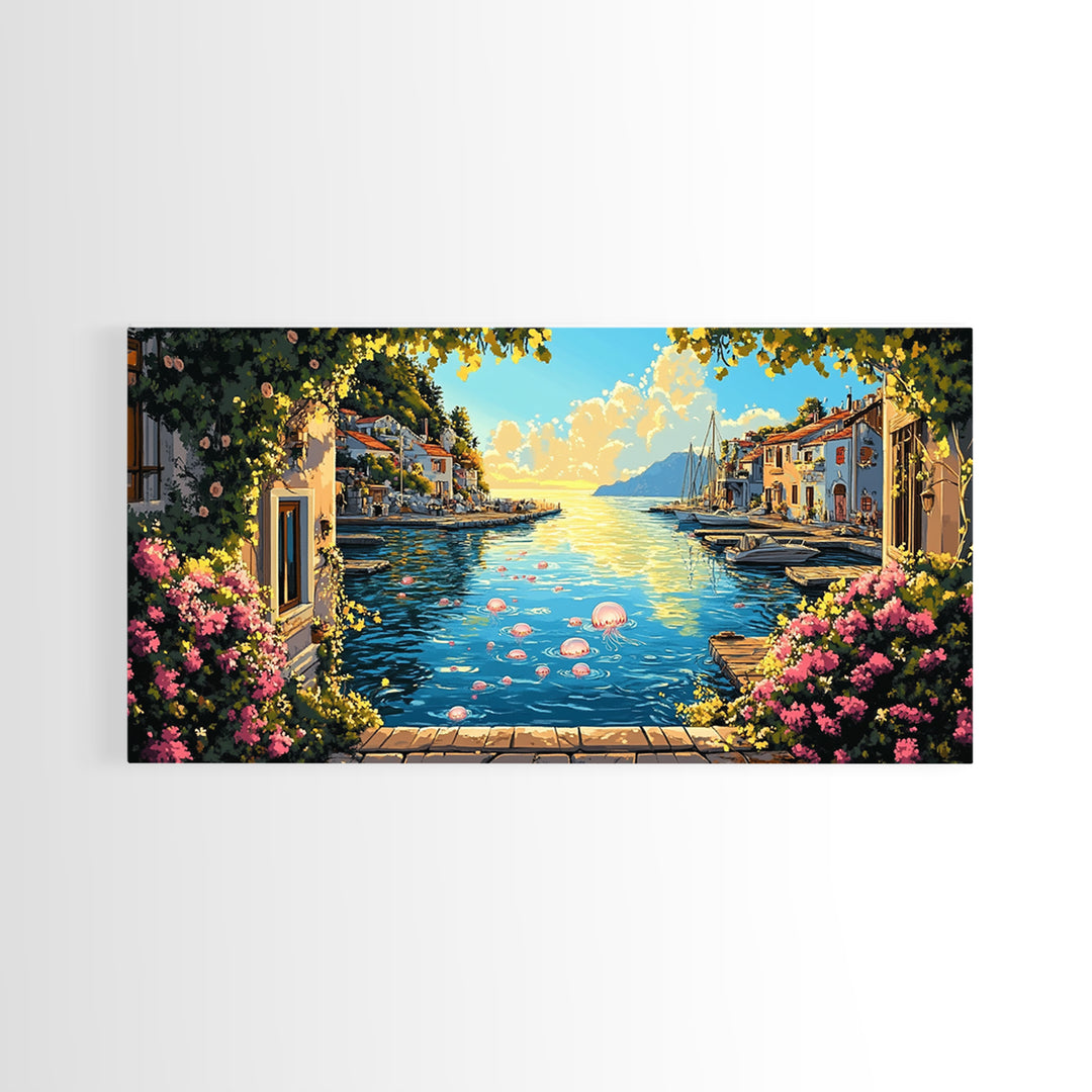 Mediterranean Flower Harbor Wall Art, Sunny Coastal Village Canvas Print, Lake Como Decor, Living Room Wall Art Gift For Her