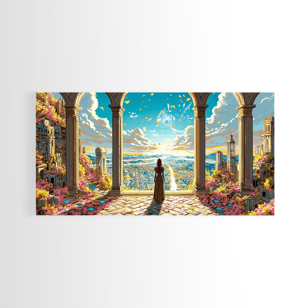 Arched Terrace Fantasy City Wall Art, Woman Over Sunlit Kingdom Framed Canvas Print, Maximalist Decor, Statement Artwork