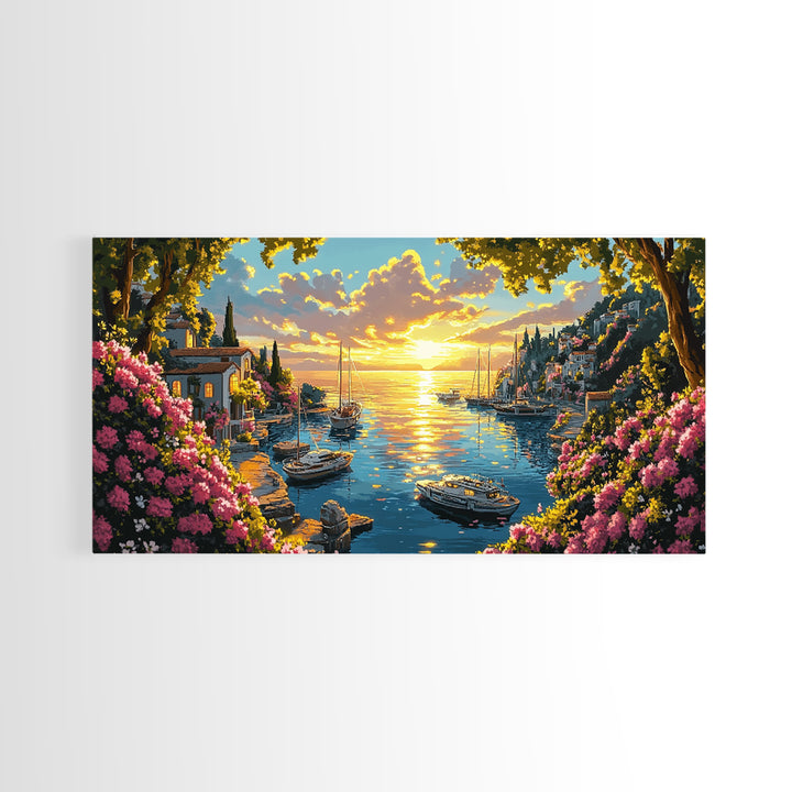 Golden Amalfi Harbor Sunset Wall Art, Coastal Village Seascape Canvas Print, Mediterranean Decor, Above Sofa Wall Art Gift