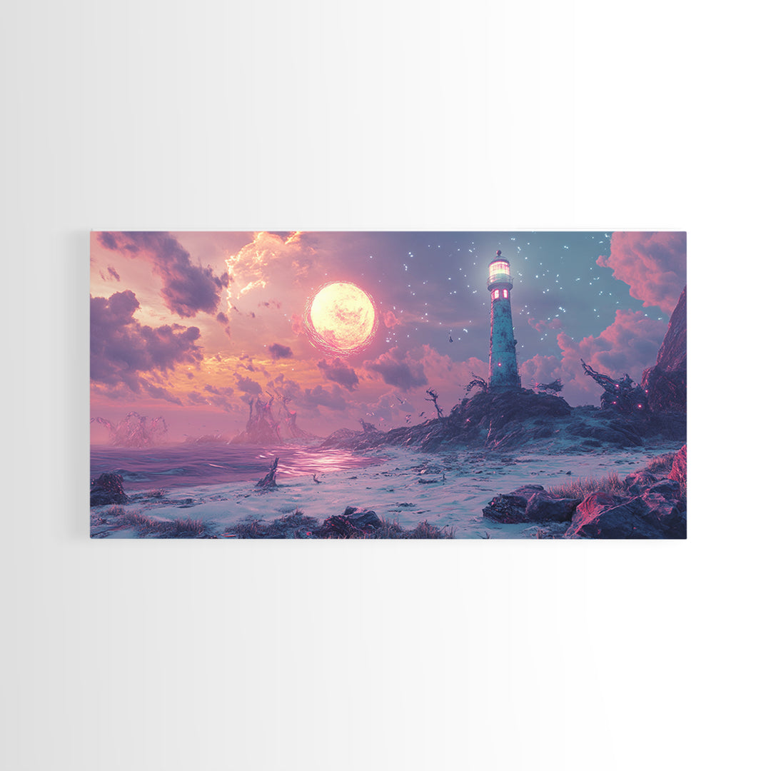 Pink Moon Lighthouse Seascape Wall Art, Fantasy Coastal Canvas Print, Moody Ocean Decor, Celestial Wall Art For Bedroom Decor