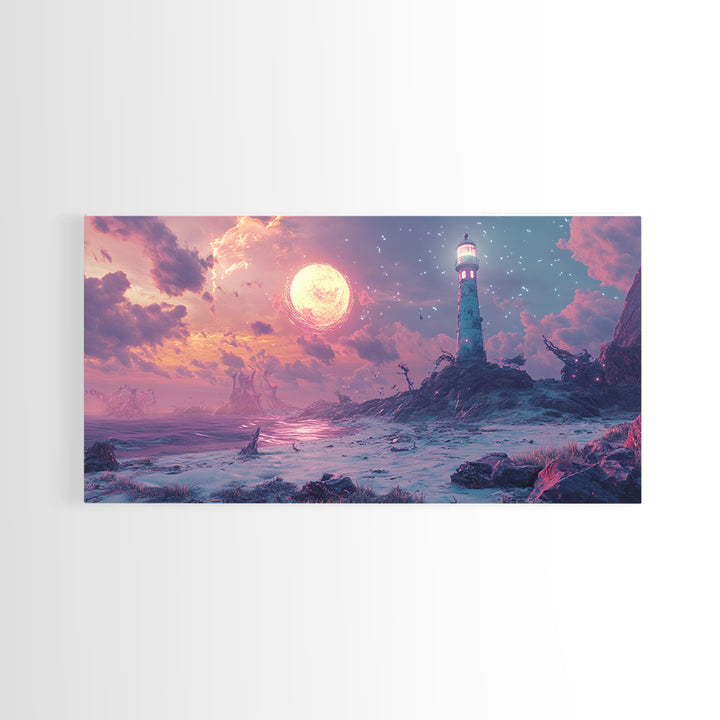 Pink Moon Lighthouse Seascape Wall Art, Fantasy Coastal Canvas Print, Moody Ocean Decor, Celestial Wall Art For Bedroom Decor