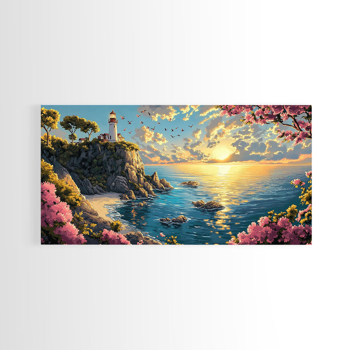 Sunlit Lighthouse Cliff Wall Art, Coastal Ocean Seascape Canvas Print, Beach House Decor, Nautical Wall Art Gift For Her