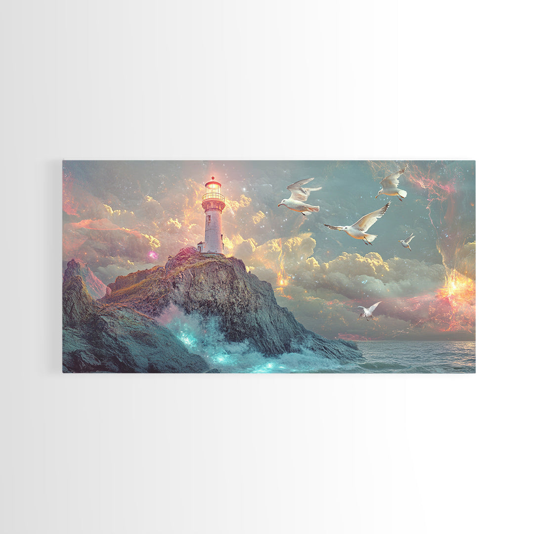 Stormy Lighthouse On Rocky Cliff Wall Art, Dramatic Seascape Framed Canvas Print, Nautical Decor, Coastal Wall Art Gift For Him