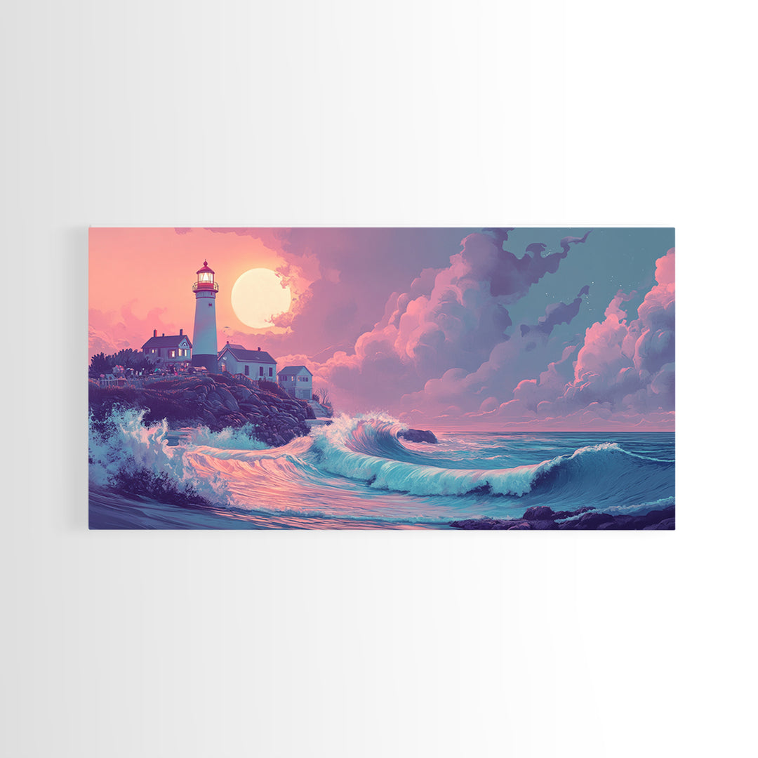Pastel Moon Lighthouse Wave Wall Art, Dreamy Coastal Seascape Canvas Print, Beach House Decor, Pink Ocean Wall Art Gift For Her