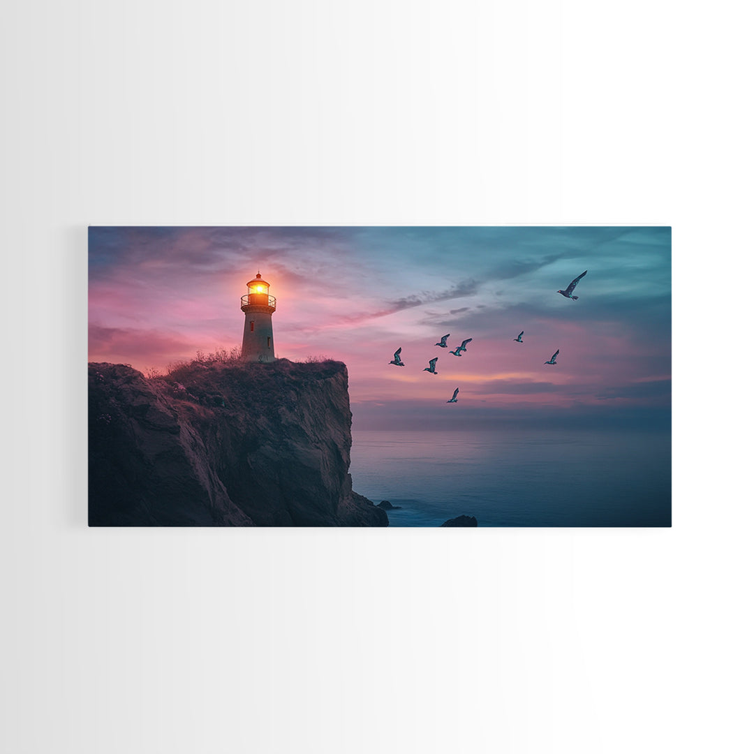 Twilight Lighthouse Cliff Wall Art, Moody Ocean Seascape Canvas Print, Nautical Office Decor, Coastal Wall Art Gift For Him