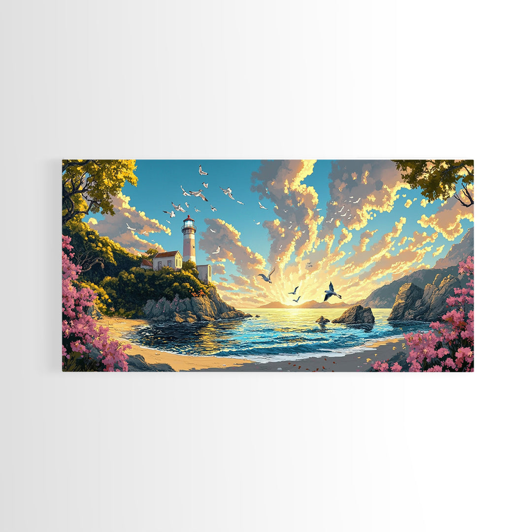 Sunlit Lighthouse Cove With Pink Flowers Canvas Print, Coastal Wall Art, Ocean Seascape, Beach House Decor Gift For Living Room Decor
