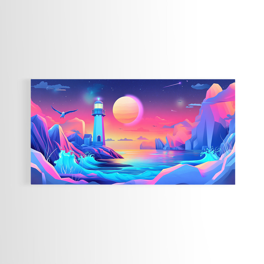 Neon Iceberg Lighthouse Under Giant Moon Canvas Print, Futuristic Wall Art, Cyberpunk Decor, Sci Fi Ocean Landscape Poster
