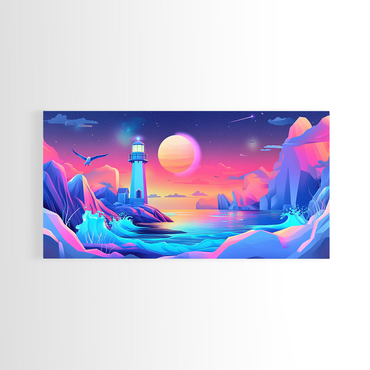 Neon Iceberg Lighthouse Under Giant Moon Canvas Print, Futuristic Wall Art, Cyberpunk Decor, Sci Fi Ocean Landscape Poster