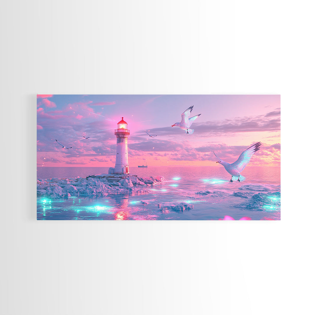 Pastel Pink Lighthouse On Glowing Sea Canvas Print, Coastal Wall Art, Dreamy Seascape, Beach Decor For Bedroom Wall Decor