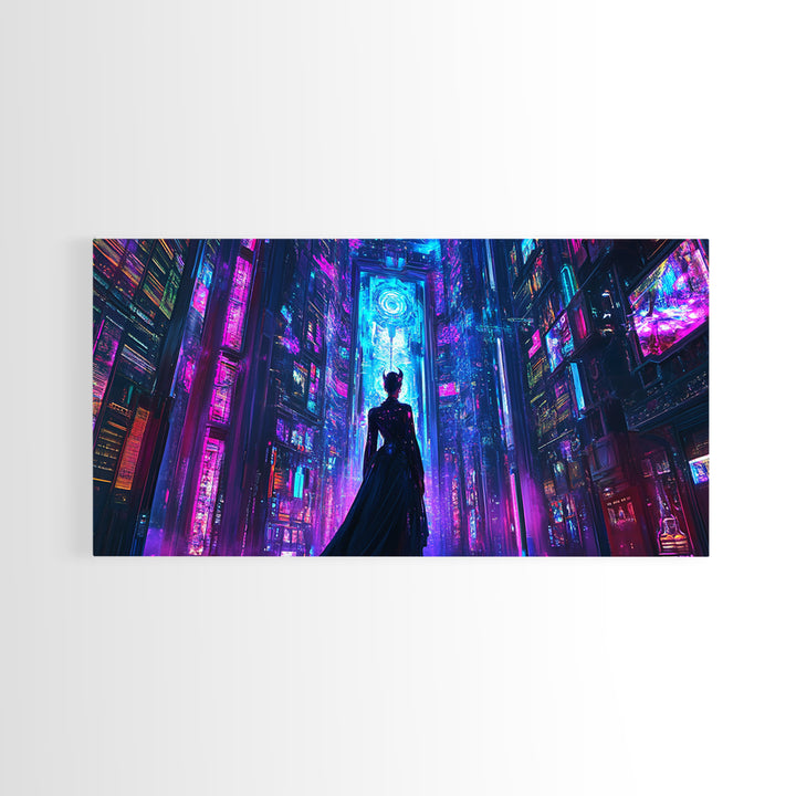 Silhouetted Woman In Neon Cyberpunk City Canvas Print, Futuristic Wall Art, Sci Fi Decor, Gaming Room Statement Art Poster