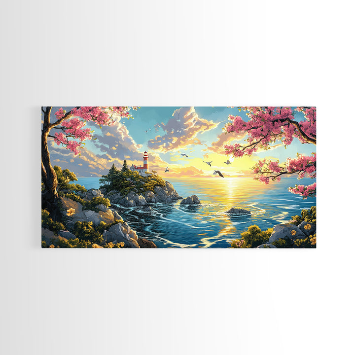 Cherry Blossom Lighthouse Over Golden Sea Framed Canvas Print, Coastal Wall Art, Spring Decor, Ocean Landscape Art Gift Idea