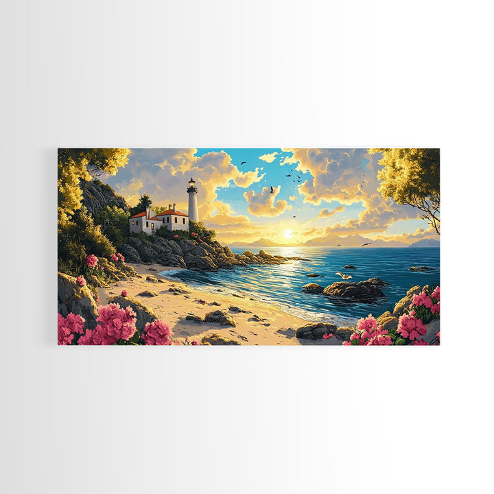 Rocky Beach Lighthouse At Warm Sunset Canvas Print, Coastal Wall Art, Ocean Seascape, Beach House Living Room Decor Gift