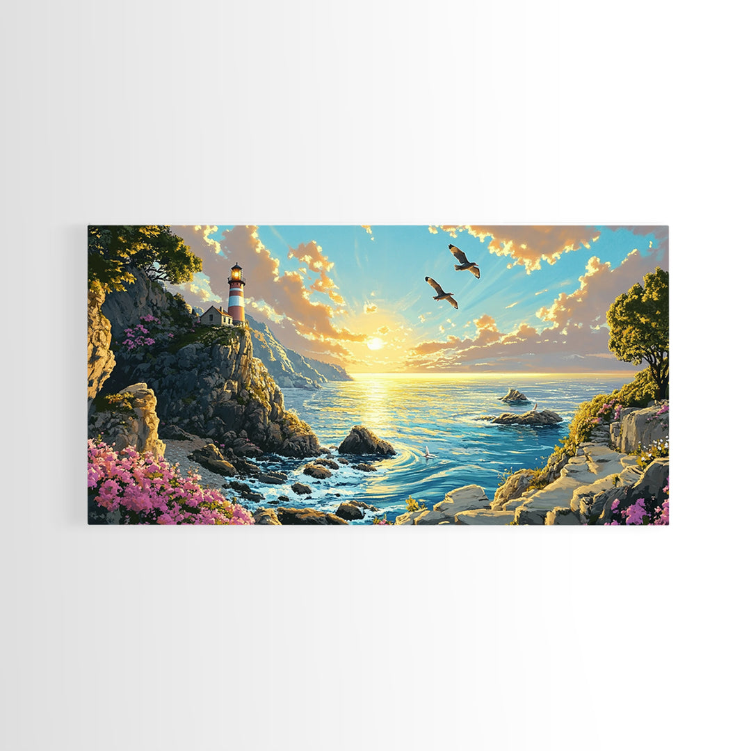 Clifftop Lighthouse Path With Seagulls Framed Canvas Print, Coastal Wall Art, Panoramic Ocean Art, Beach House Decor Gift
