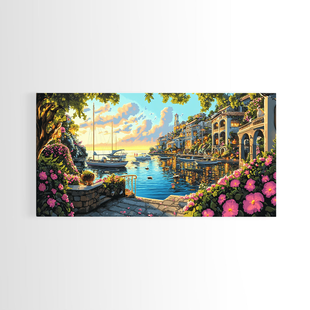 Flower Filled Mediterranean Marina At Sunset Canvas Print, Coastal Wall Art, Italy Decor, Canal Village Landscape Print Gift