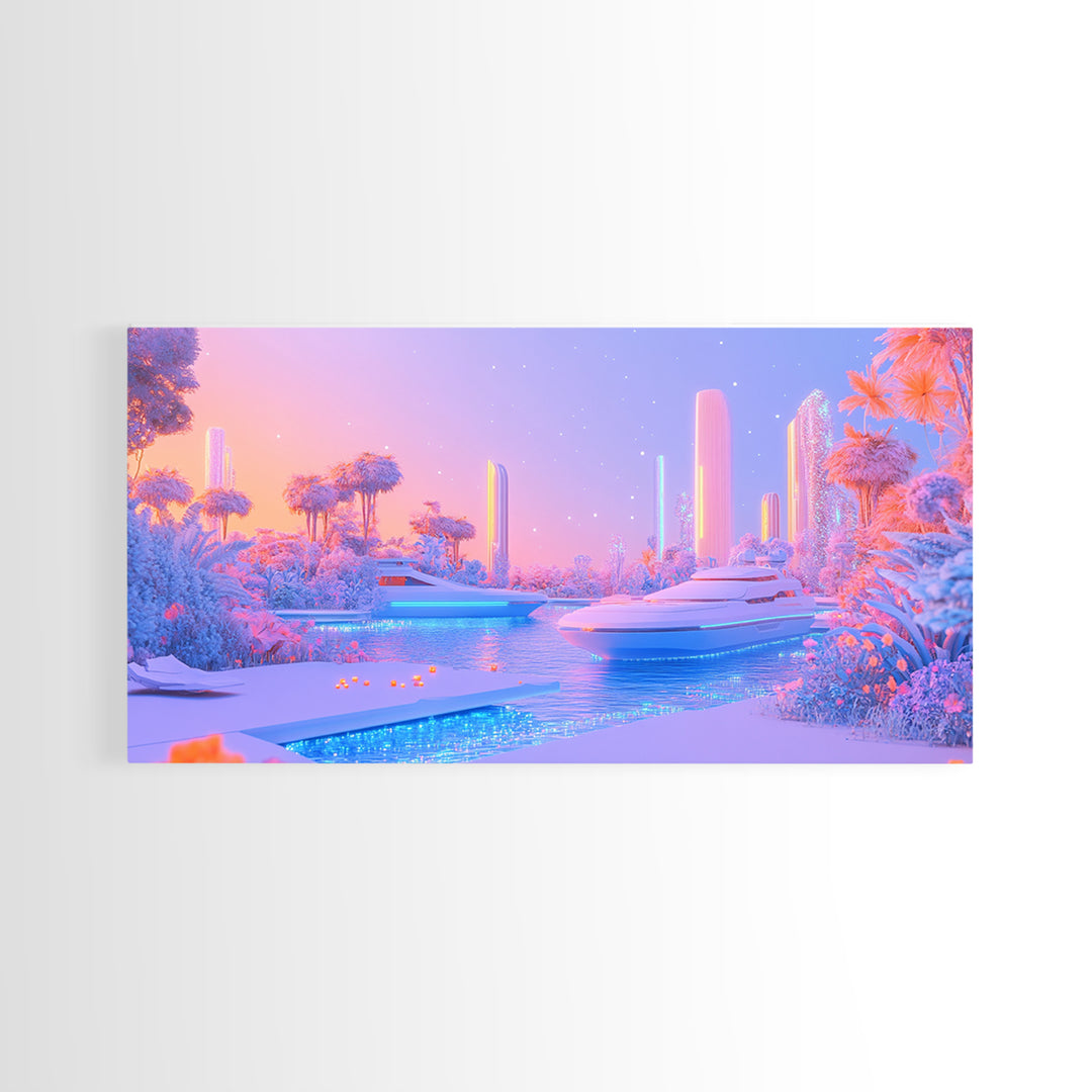 Pastel Futuristic Yacht Canal With Pink Palms Canvas Print, Sci Fi Wall Art, Vaporwave Decor, Dreamy Coastal Poster For Bedroom