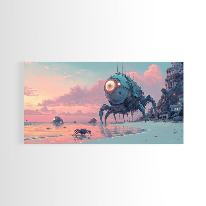 Robot Crab Beach Sunset Wall Art, Sci Fi Coastal Canvas, Futuristic Ocean Decor, Cyberpunk Seascape Print, Gamer Gift For Him