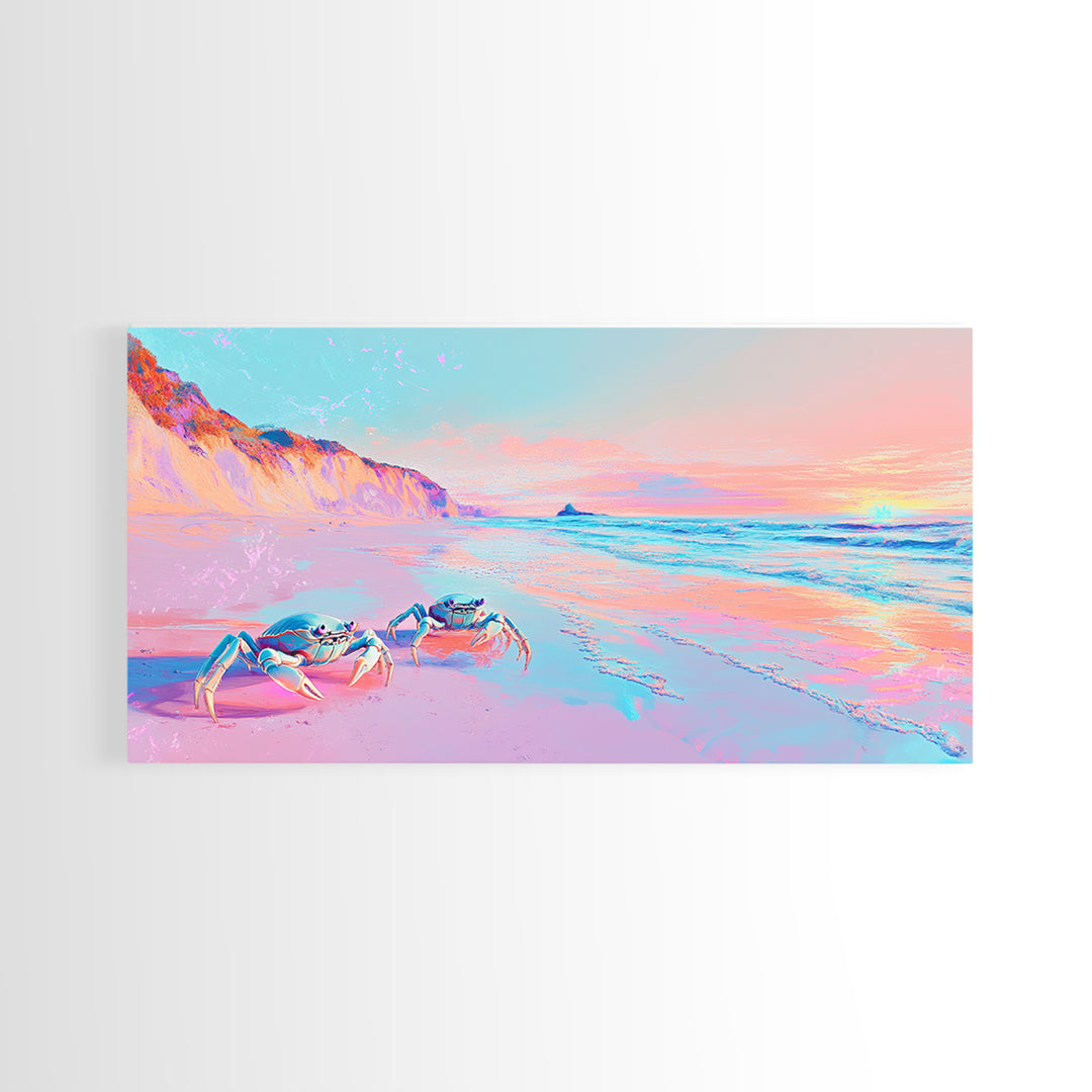 Pastel Crabs On Pink Beach Canvas Print, Coastal Wall Decor, Ocean Sunset Art, Tropical Nursery Decor, Beach House Gift For Her