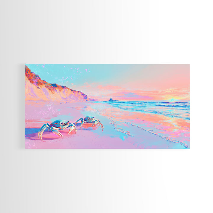 Pastel Crabs On Pink Beach Canvas Print, Coastal Wall Decor, Ocean Sunset Art, Tropical Nursery Decor, Beach House Gift For Her