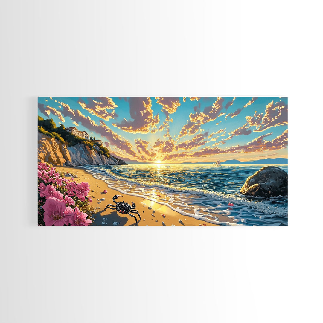 Golden Coastal Sunset With Crab Wall Art, Mediterranean Beach House Decor, Ocean Seascape Print, Living Room Canvas Art Gift