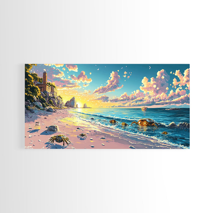 Sunlit Lighthouse Cove And Robot Crab Canvas Print, Coastal Sci Fi Wall Decor, Ocean Beach Art, Futuristic Nautical Gift