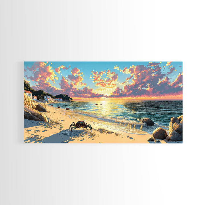 Crab On Golden Beach At Sunset Wall Art, Coastal Seascape Print, Ocean House Decor, Tropical Living Room Canvas Gift For Her