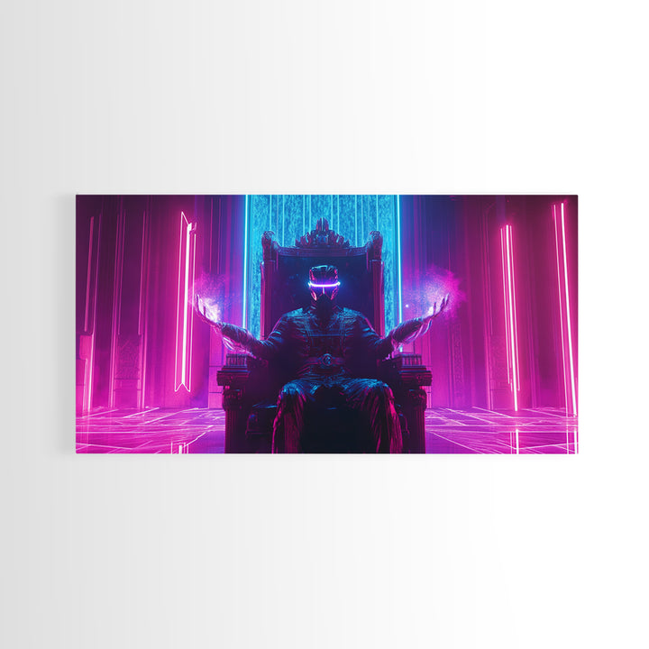 Neon Cyberpunk King On Throne Framed Canvas Print, Futuristic Wall Art, Sci Fi Gaming Room Decor, Dark Fantasy Gift For Him