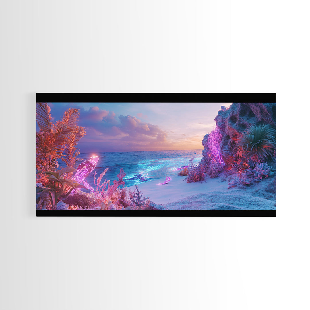 Neon Fantasy Beach With Glowing Coral Canvas Print, Tropical Ocean Wall Art, Cyberpunk Coastal Decor, Ethereal Seascape Print