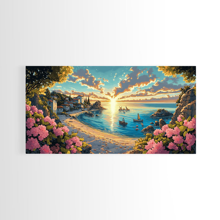 Italian Coastal Village Sunrise Wall Art, Mediterranean Cove Canvas, Beach House Decor, Panoramic Seascape Living Room Print